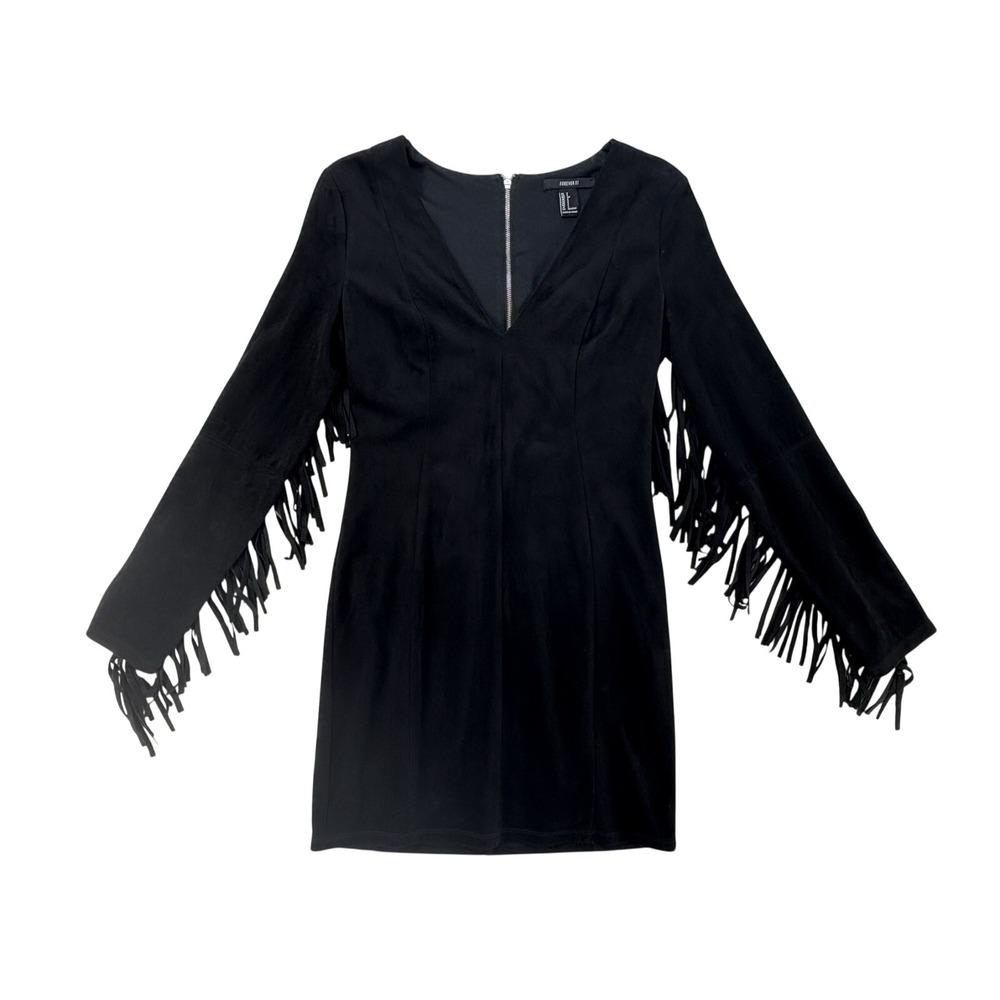 Western Cowgirl Style Fringe Arms V Neck Black Mini Dress Women's Small New